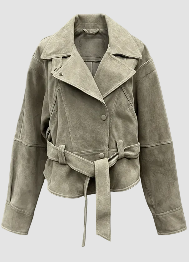 ADELINE - Close-up of Greenish-tan suede jacket lapel