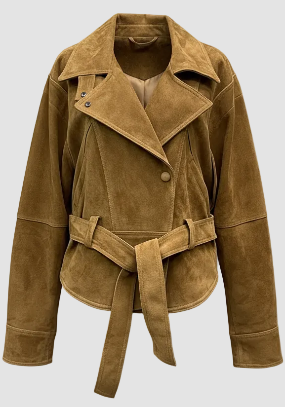 ADELINE - Close-up of camel suede jacket lapel