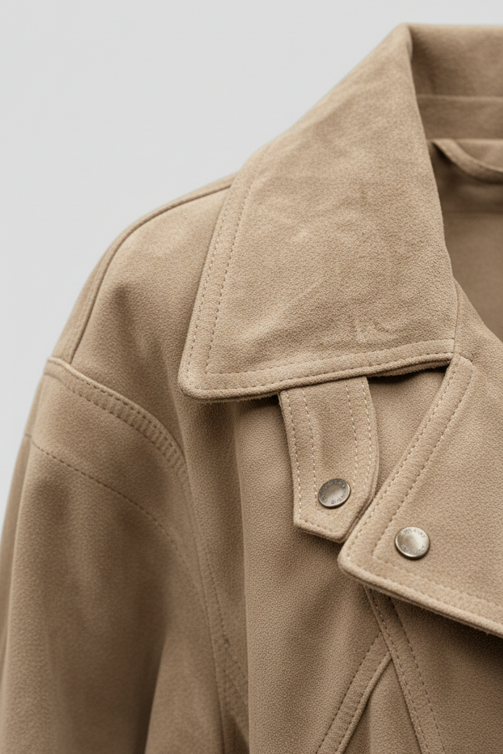 ADELINE - Close-up of tan suede jacket collar and snap details