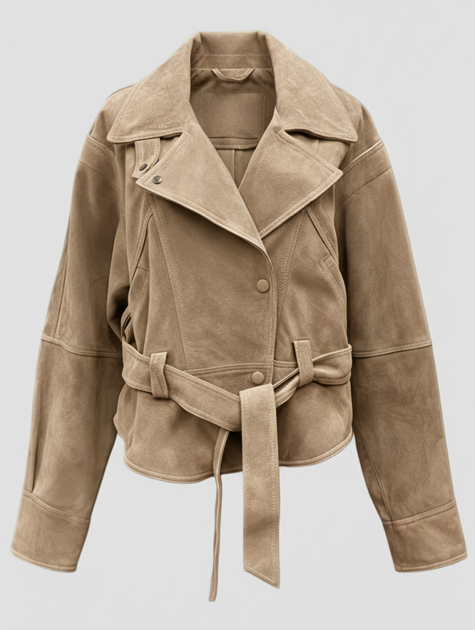 ADELINE - Close-up of tan suede jacket lapel