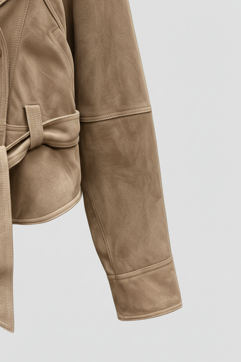 ADELINE - Detail of tan suede jacket sleeve cuff