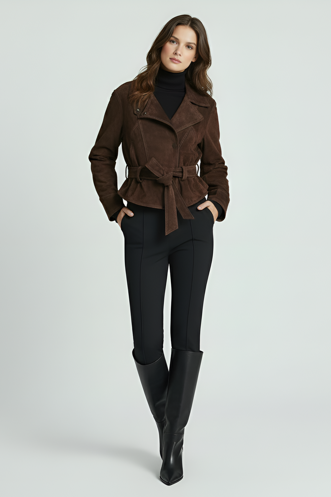 ADELINE - Suede leather jacket brown hands in pockets