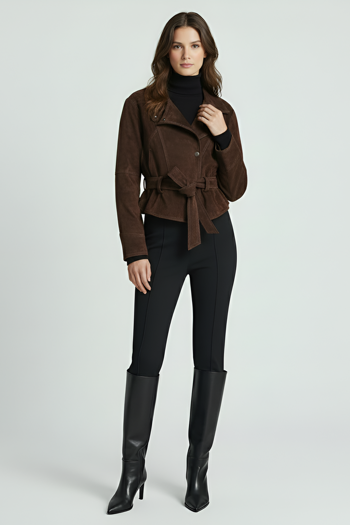 ADELINE - Suede leather jacket brown touching collar
