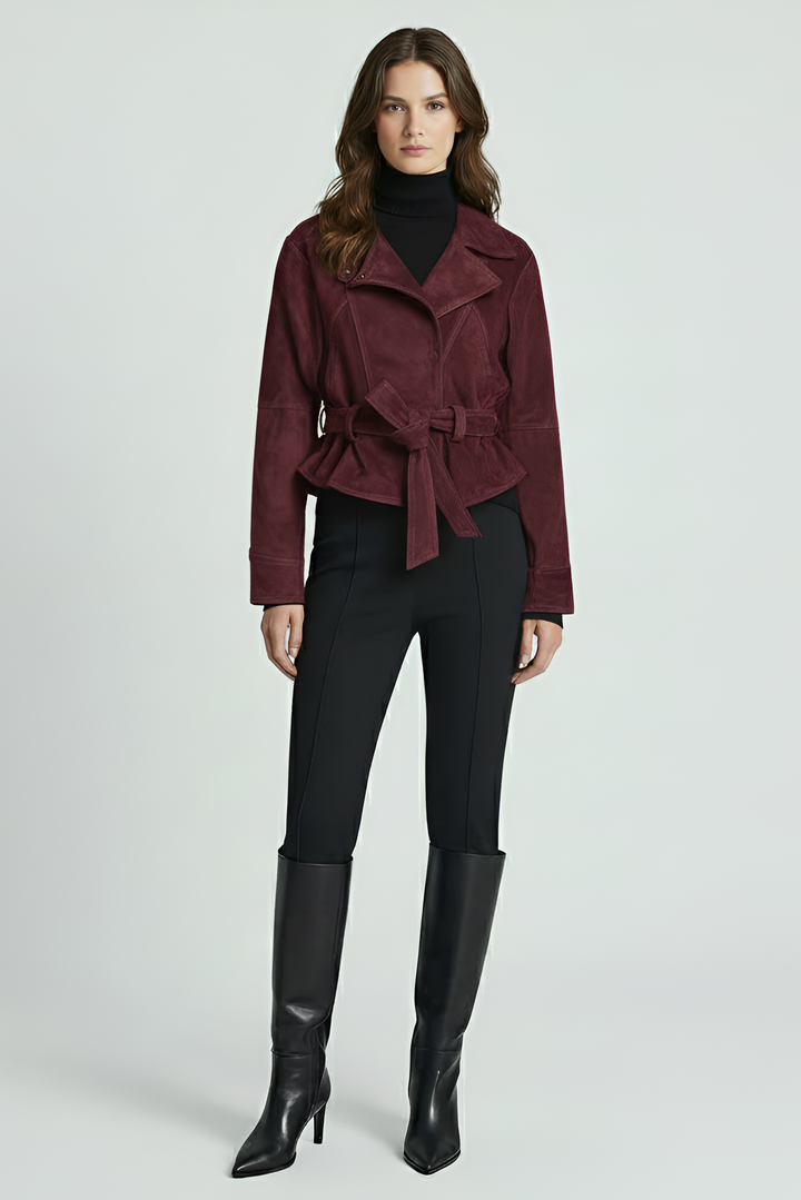 ADELINE - Suede leather jacket burgundy front