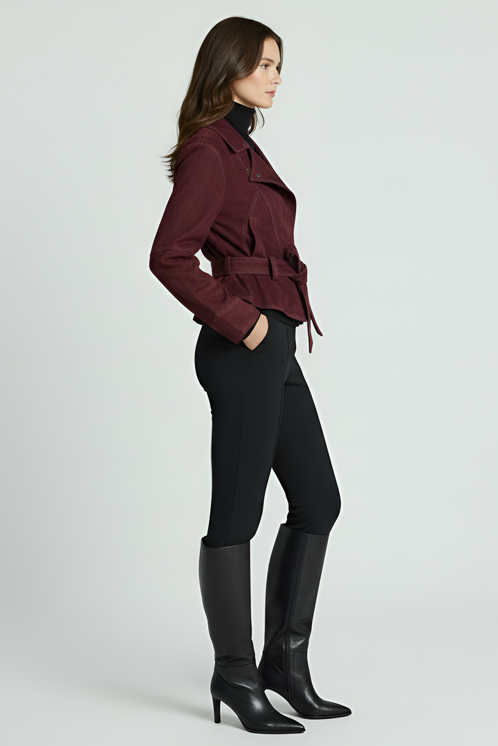 ADELINE - Suede leather jacket burgundy side profile