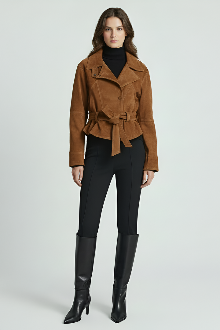 ADELINE - Suede leather jacket tan front