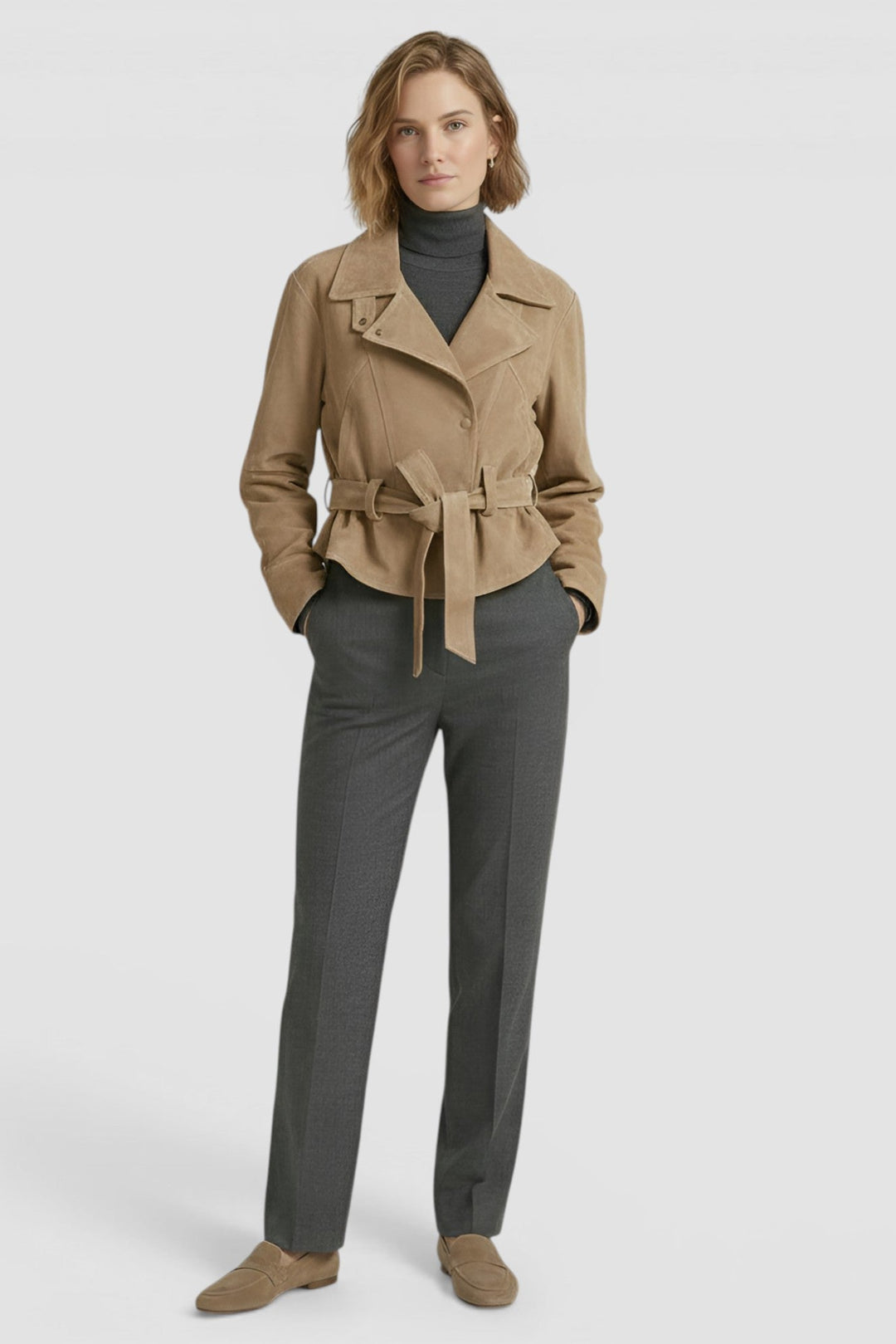 ADELINE - Tan suede jacket, front view on model