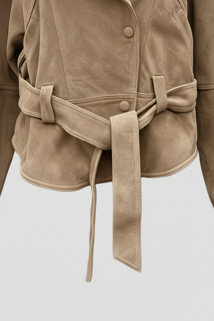 ADELINE - tan suede moto jacket with belted waist