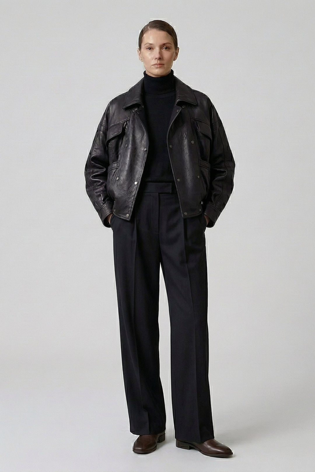 AINSLEY - Black Leather Jacket with Grey Turtleneck