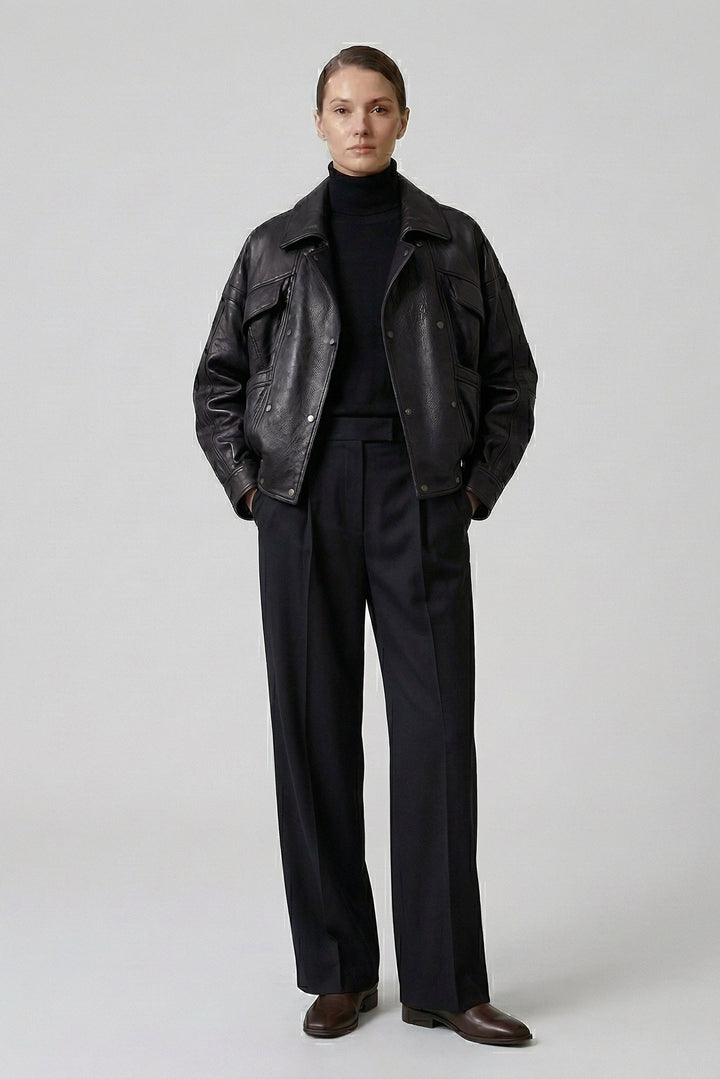 AINSLEY - Black Leather Jacket with Grey Turtleneck