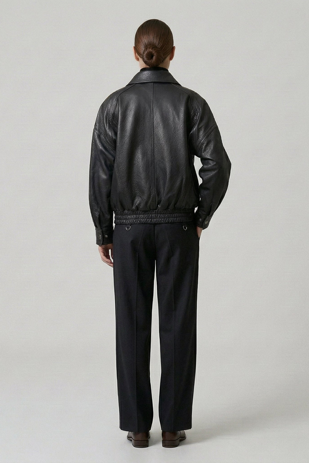 AINSLEY - Black Leather Jacket with Grey Turtleneck back view