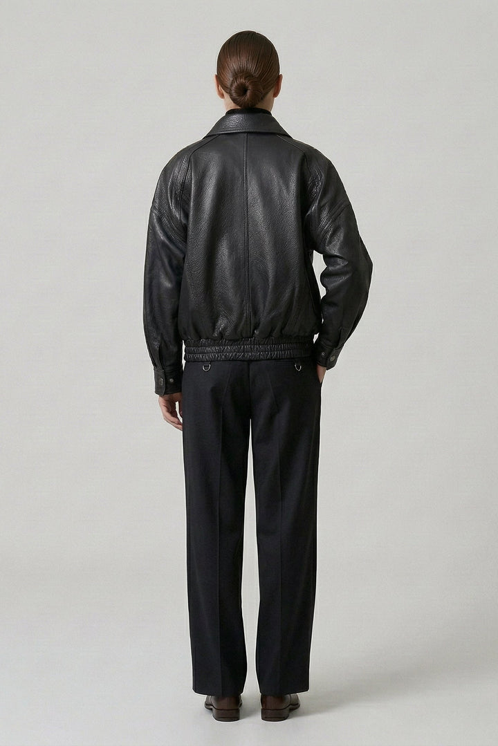 AINSLEY - Black Leather Jacket with Grey Turtleneck back view
