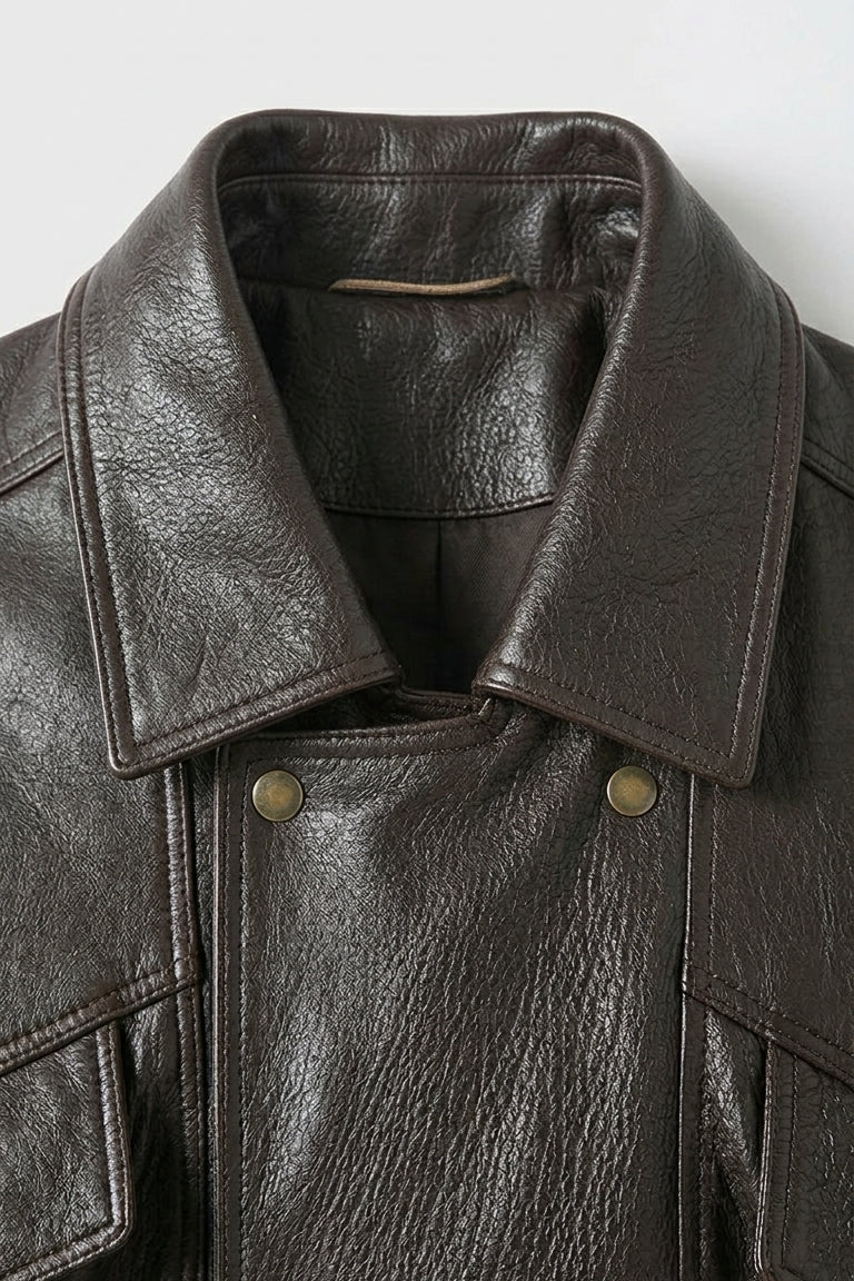 AINSLEY - Close-up of Brown Leather Jacket Collar