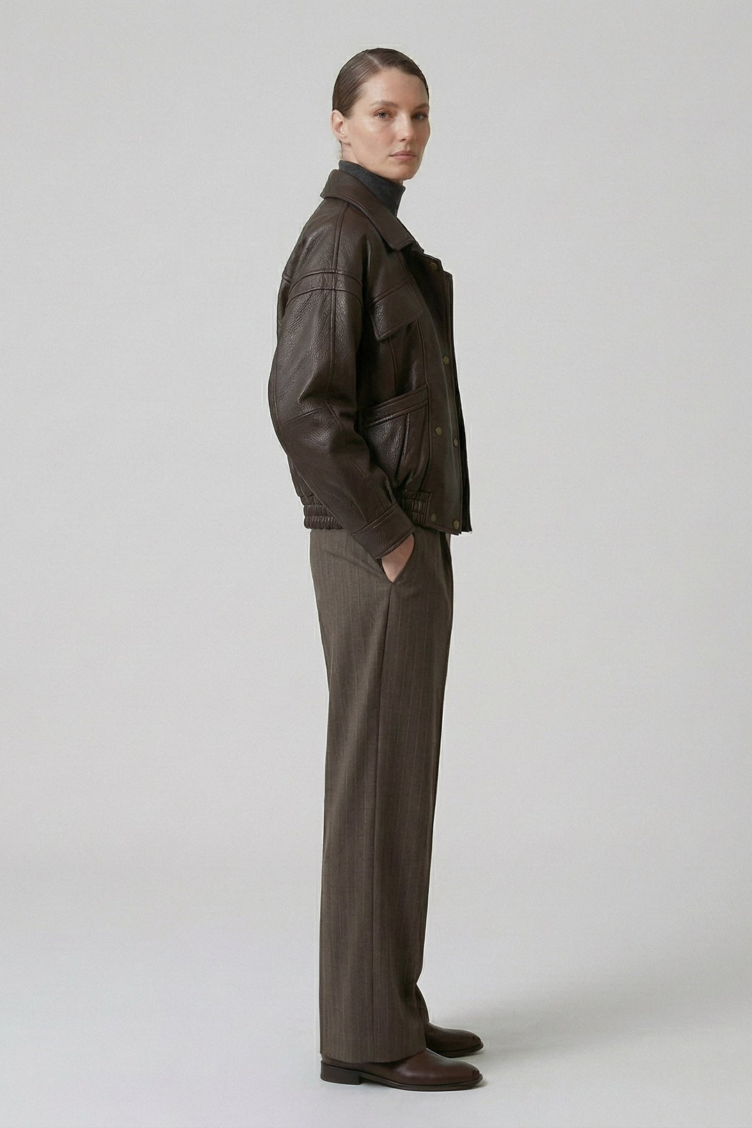 AINSLEY - Side Profile of Leather Jacket