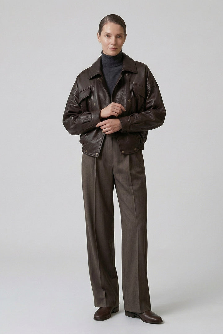AINSLEY - Woman in Dark Brown Leather Jacket and Trousers