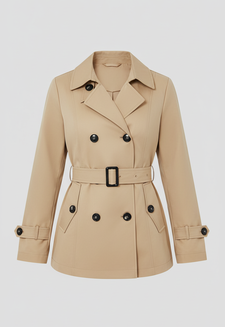 ALVERA - Beige trench coat with black buttons on a light gray background