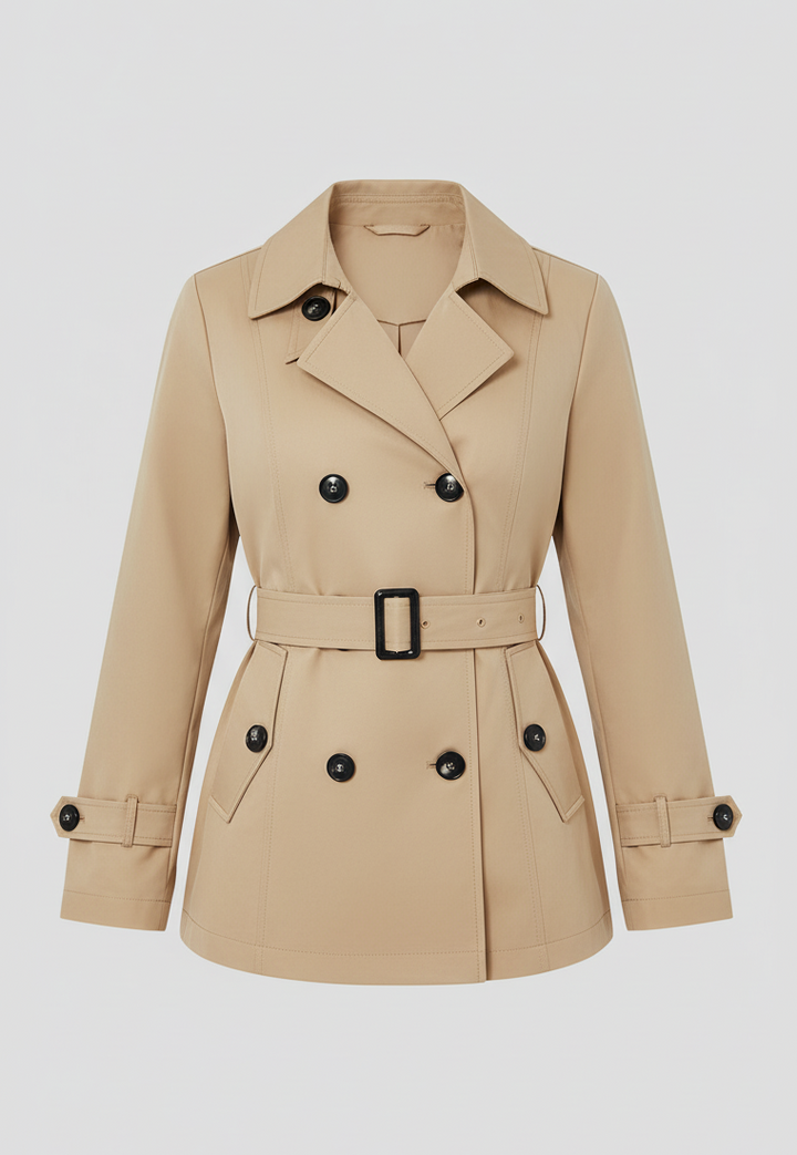 ALVERA - Beige trench coat with black buttons on a light gray background