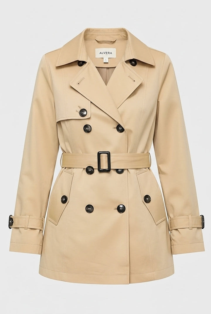 ALVERA - Beige trench coat with black buttons on a white background