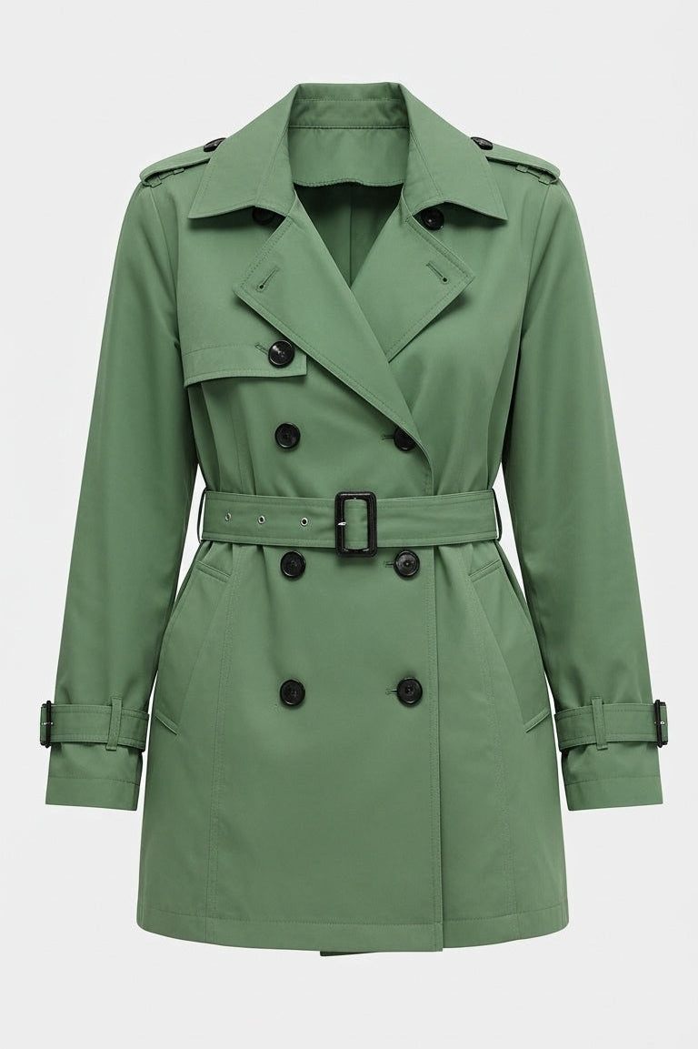 ALVERA - Green trench coat with black buttons on a white background