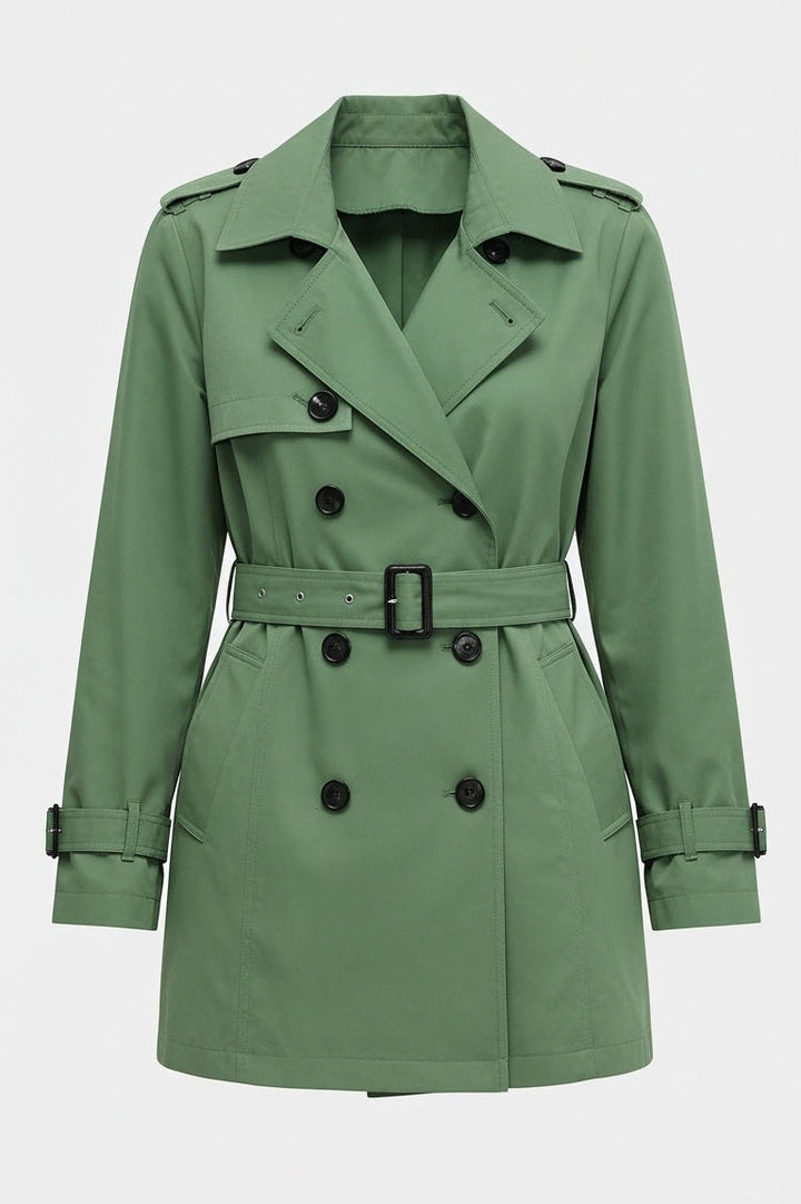 ALVERA - Green trench coat with black buttons on a white background