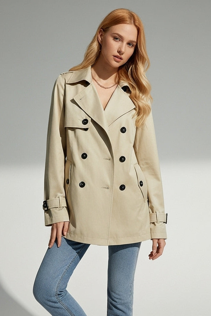 ALVERA - Woman wearing a beige trench coat with black buttons on a gray background