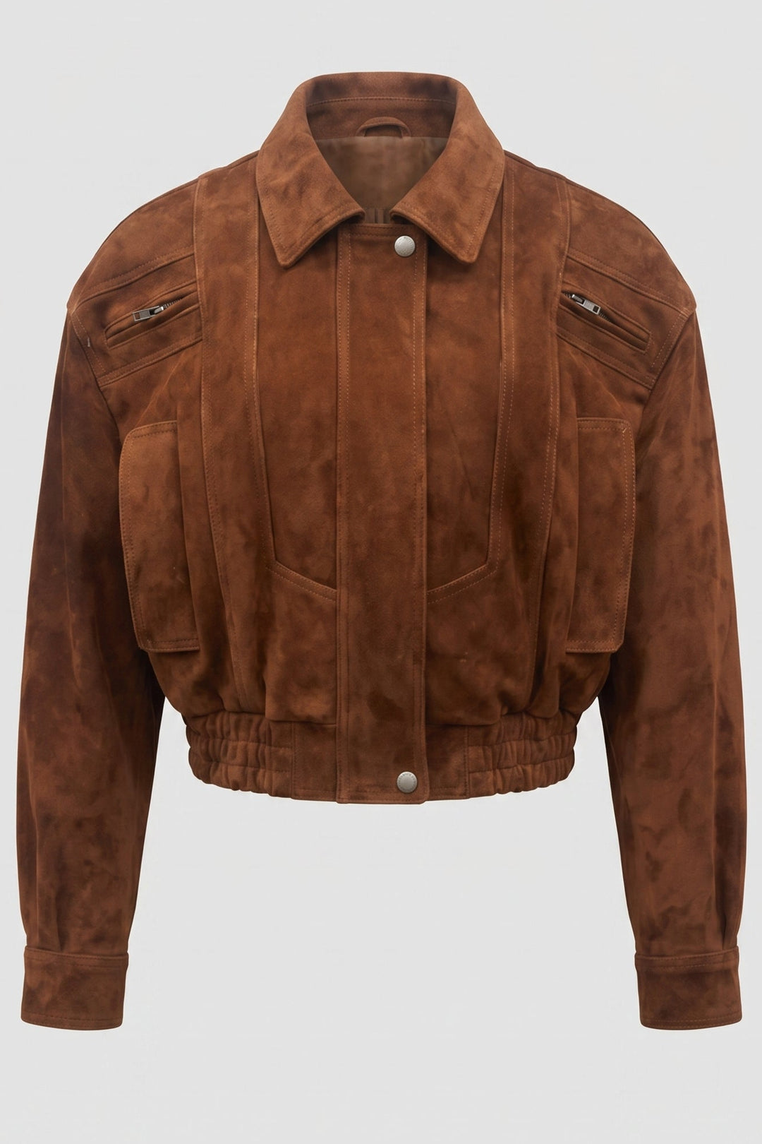 ANNE - Brown suede bomber jacket, front view, zippered pockets