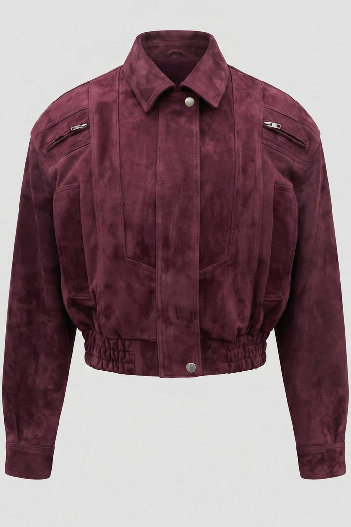 ANNE - Burgundy suede bomber jacket, elasticated hem, full front view