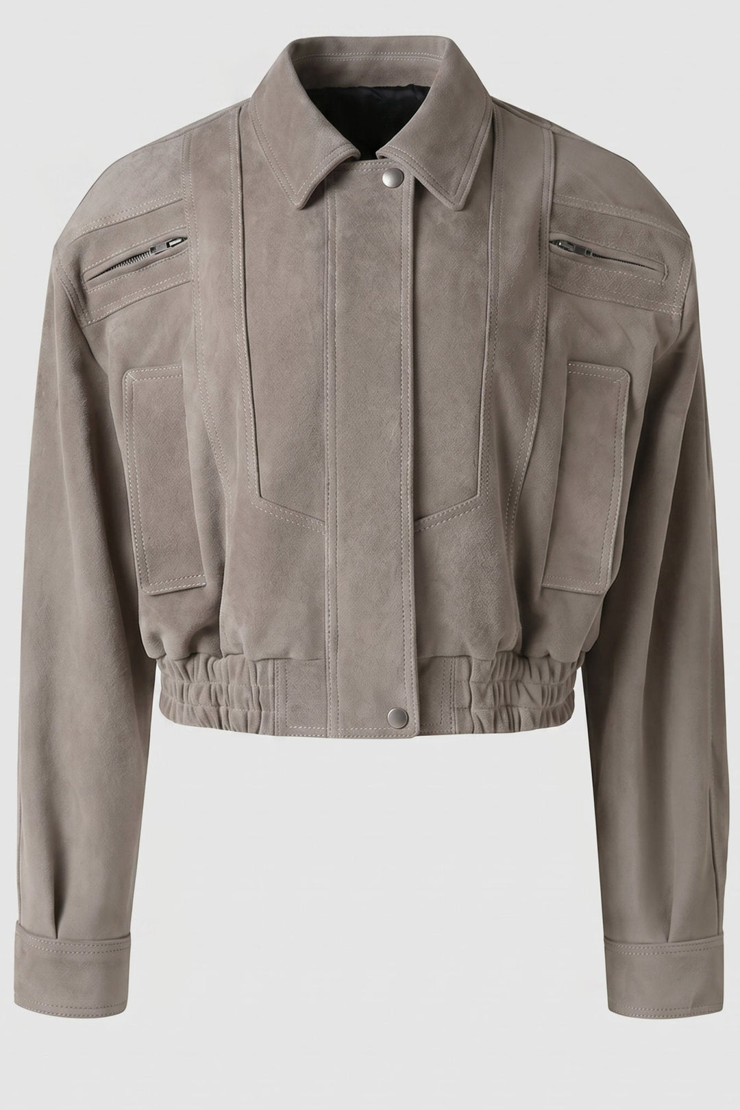 ANNE - Suede Bomber Jacket, grey, front view