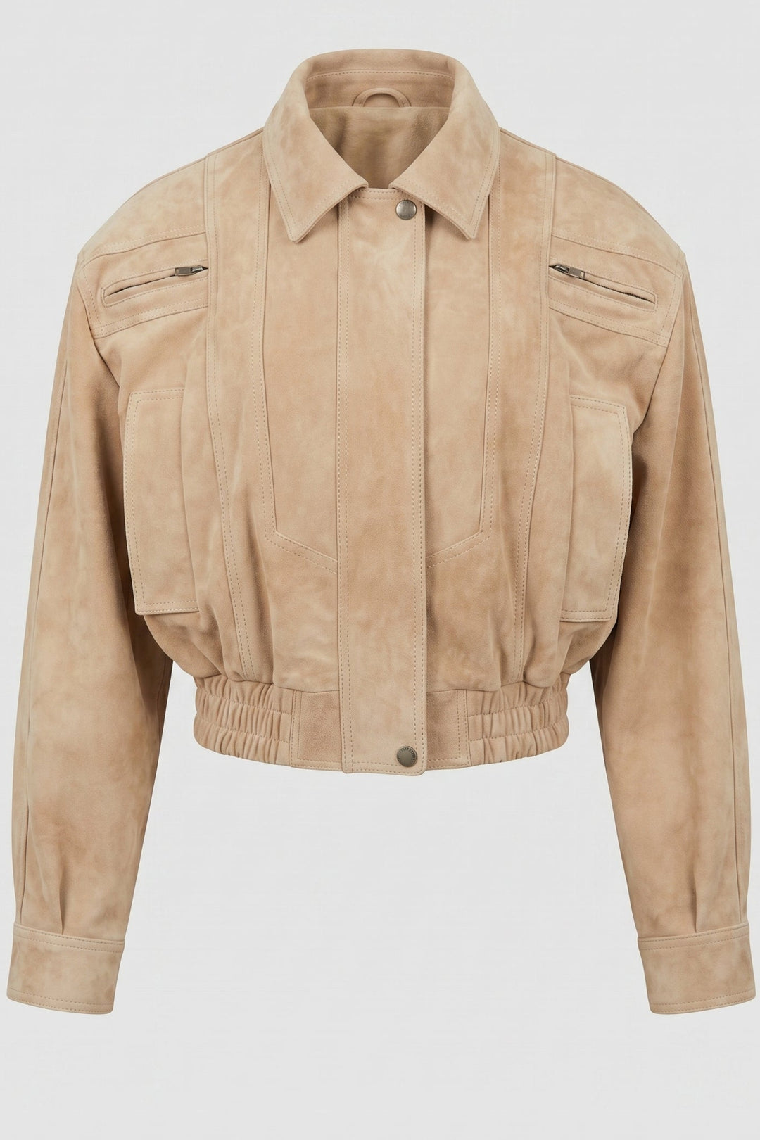ANNE - Suede Bomber Jacket, tan, front view