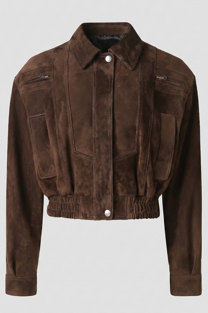 ANNE - Suede bomber jacket, rich brown color, classic collar