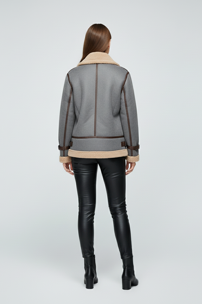 winter faux fur jacket back view in grey and beige shearling design