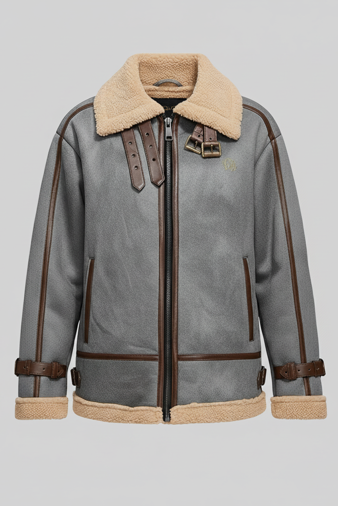 winter faux fur jacket front view grey exterior beige faux shearling collar