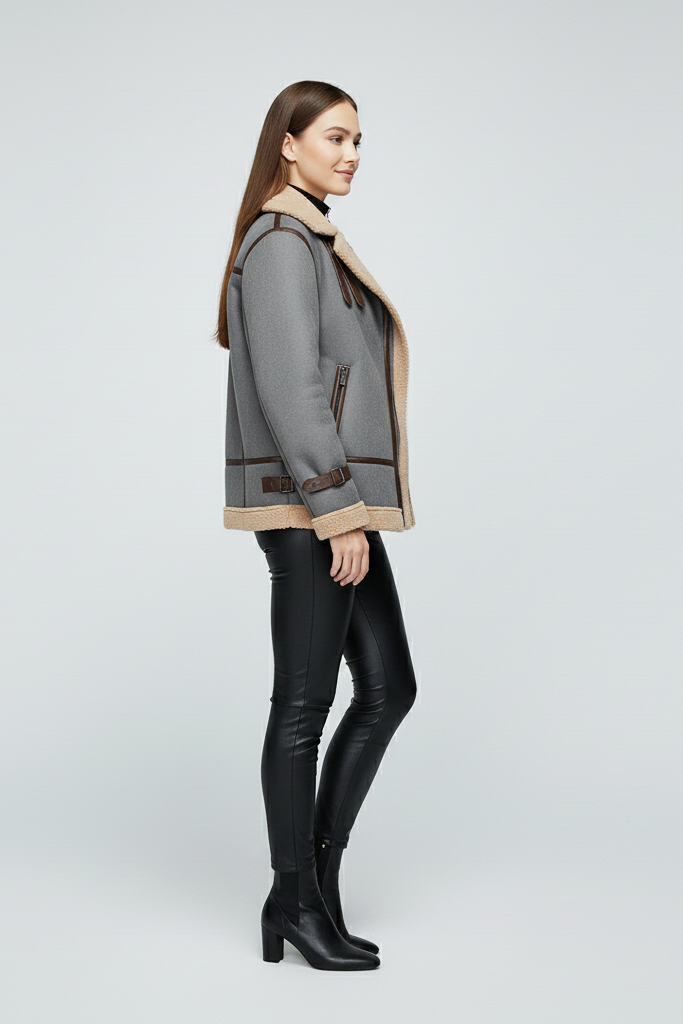 side profile of winter faux fur jacket with beige faux shearling lining