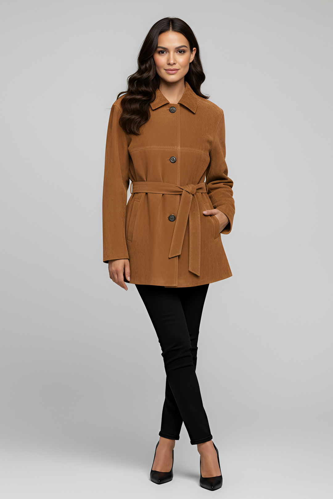 AUBREY - Camel Suede Trench Coat, Full Body Shot, Black Pants