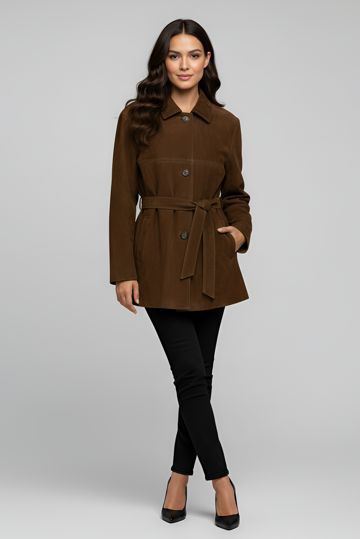 AUBREY - Dark Brown Suede Trench Coat, Full Body Shot, Black Pants