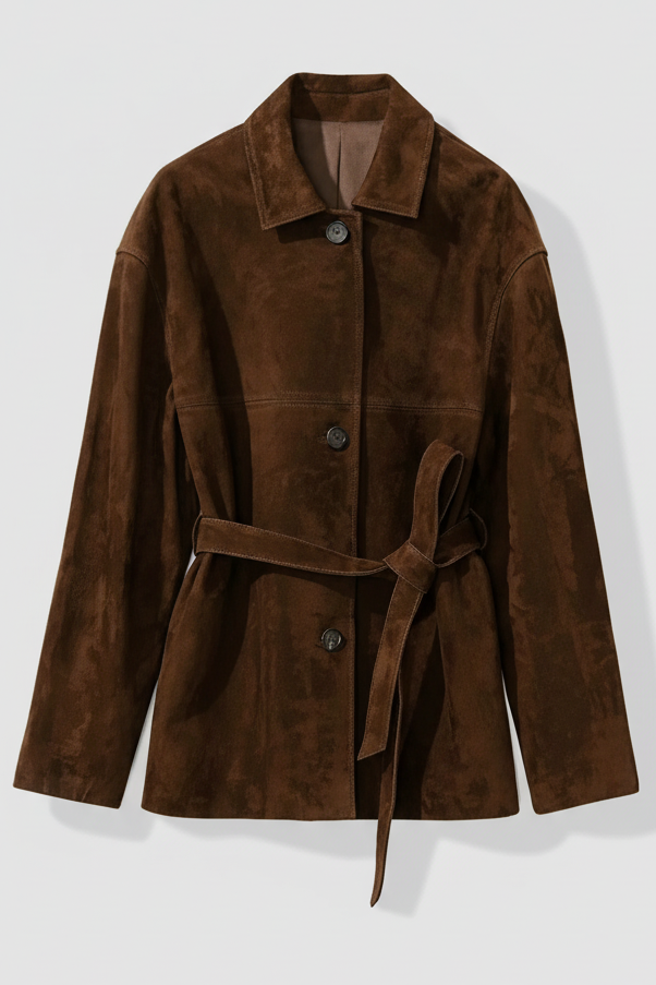 AUBREY - Dark Brown Suede Trench Coat, Full Shot