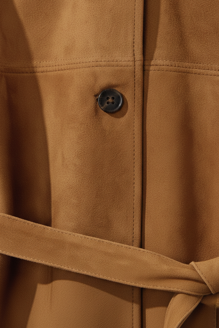 AUBREY - Suede Trench Coat, Close-up Buttons, Fabric Texture