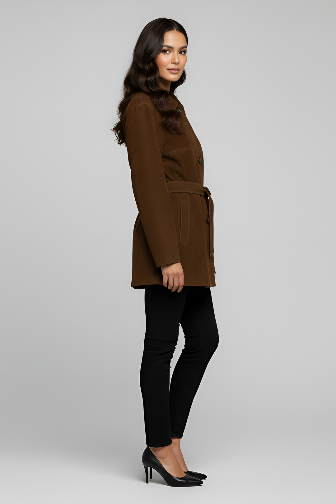 AUBREY - Suede Trench Coat, Side Profile, Belted Detail