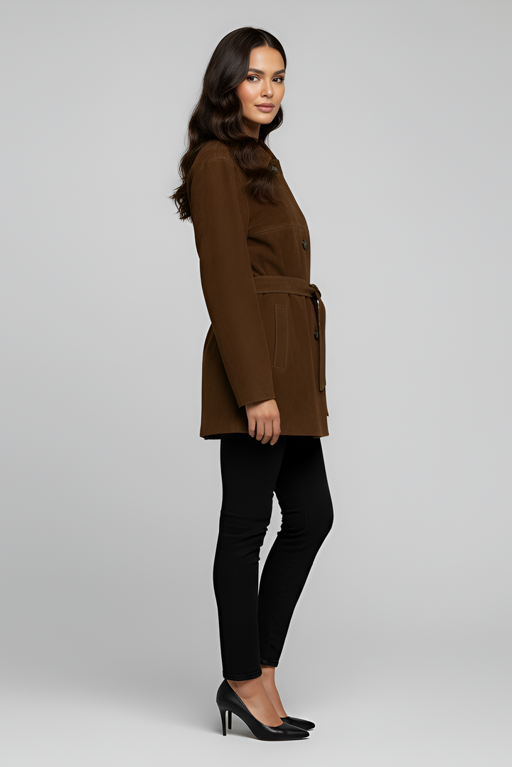 AUBREY - Suede Trench Coat, Side Profile, Belted Detail