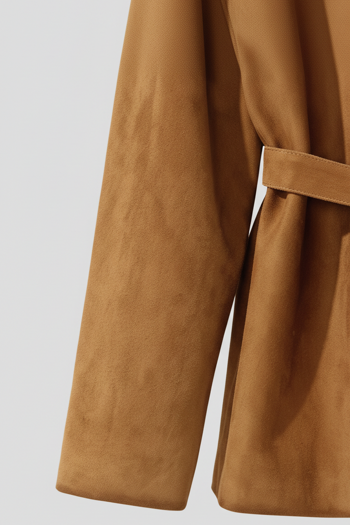 AUBREY - Suede Trench Coat, Sleeve Detail, Model Adjustment