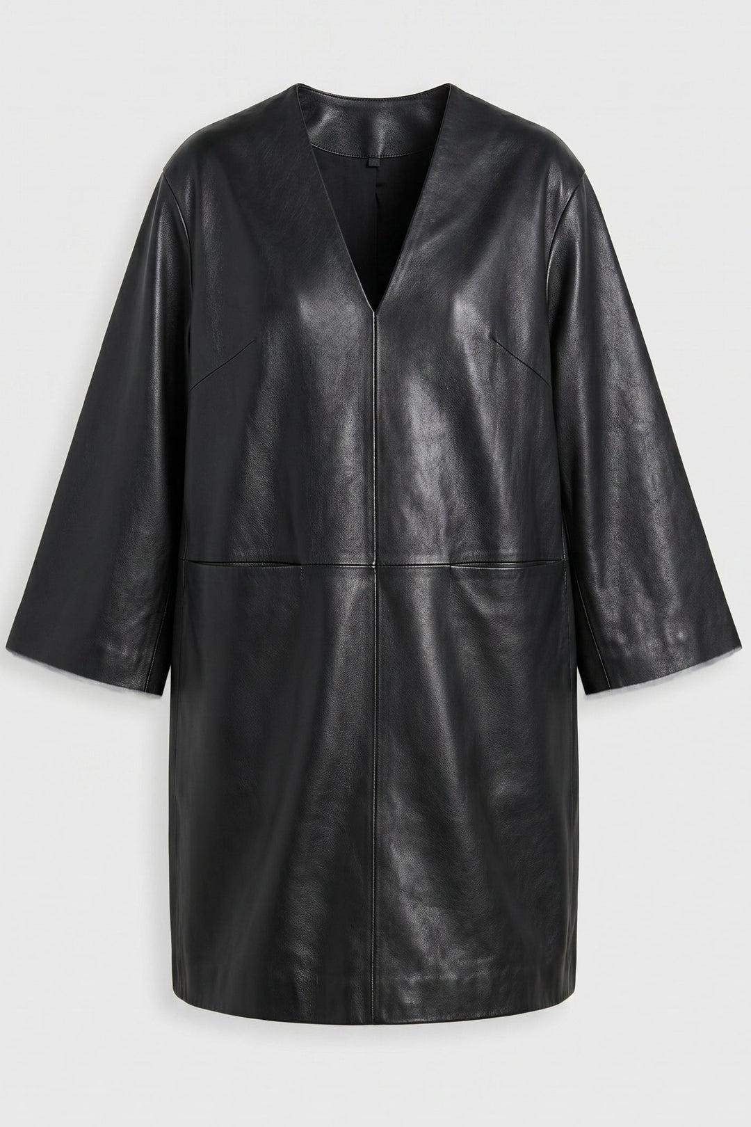 AUDREY - Loose Long Leather Dress, V-neck, Black