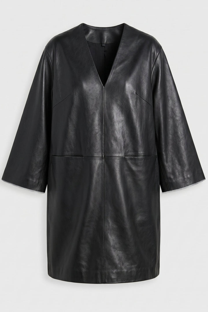 AUDREY - Loose Long Leather Dress, V-neck, Black