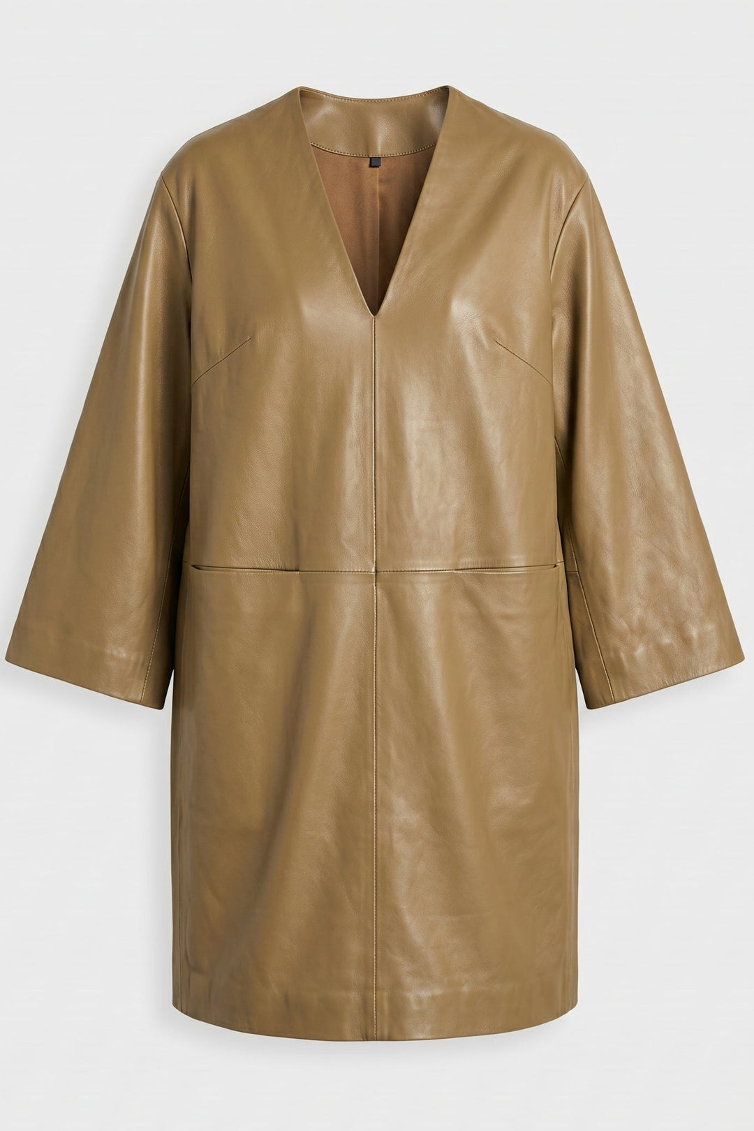 AUDREY - Loose Long Leather Dress, V-neck, Tan