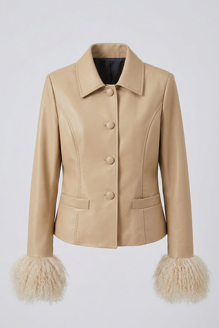 AURELIA - Genuine Leather, Beige, Fur Cuffs, Button Up