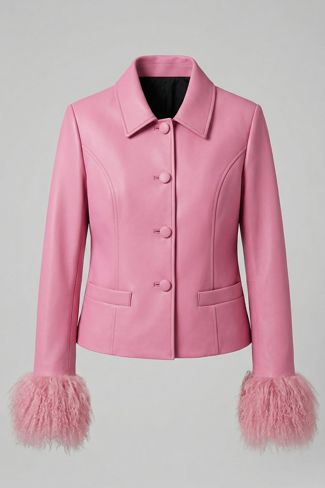 AURELIA - Genuine Leather, Pink, Fur Cuffs, Cropped Fit