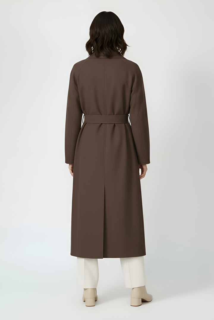 AURORA - Dark brown suede trench coat on model, back view