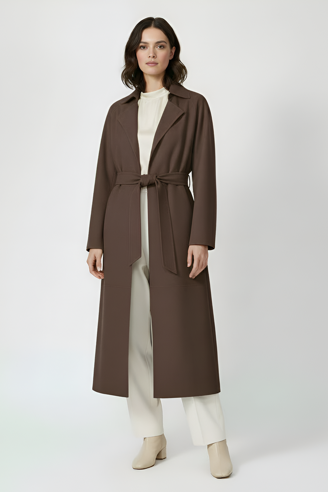AURORA - Dark brown suede trench coat on model, full body front view