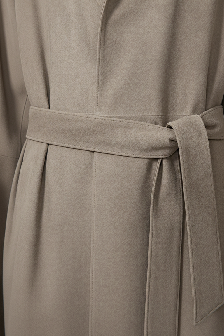 AURORA - Taupe suede trench coat detail, close-up of belted waist