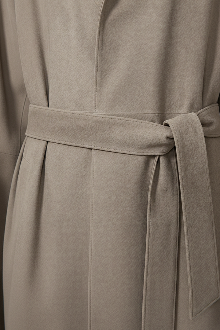 AURORA - Taupe suede trench coat detail, close-up of belted waist