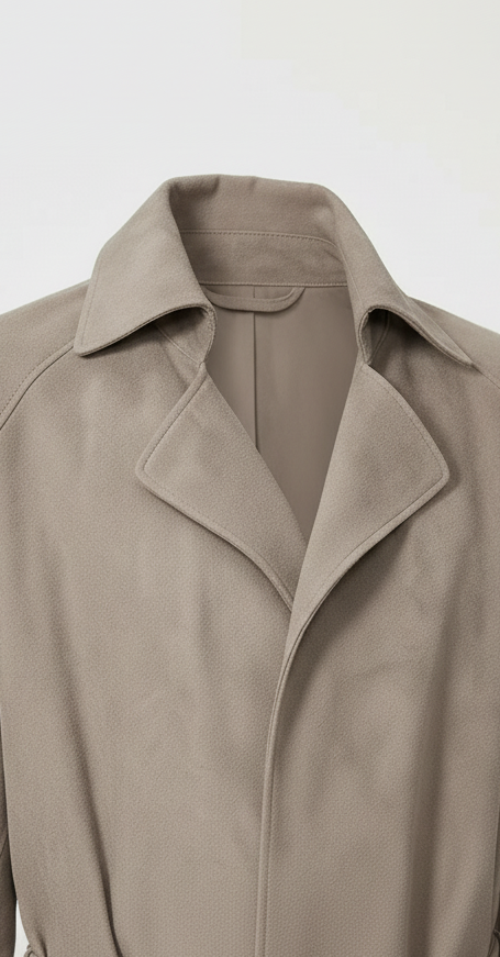AURORA - Taupe suede trench coat detail, close-up of collar